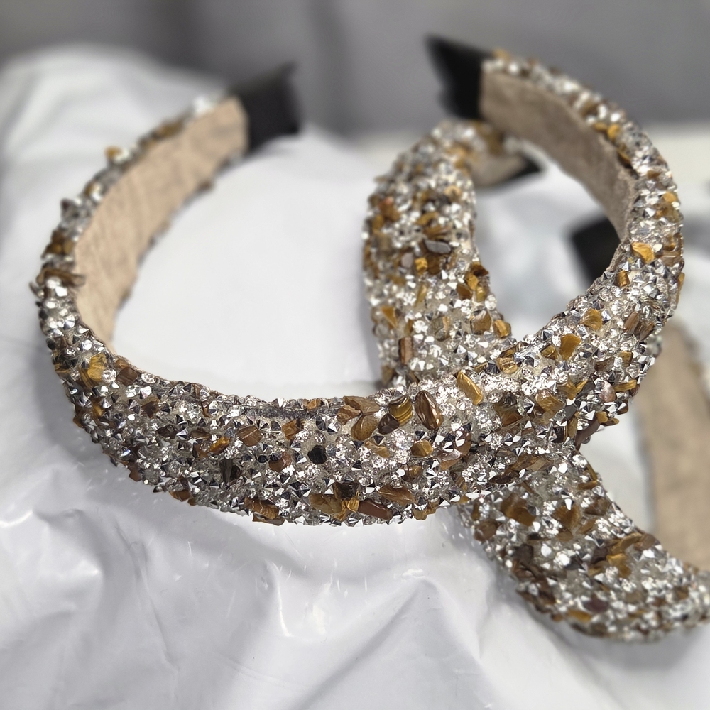 Crystal-Embellished Padded Headband in Gold and Silver